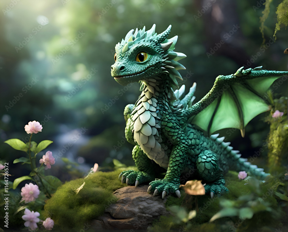cute adorable realistic dragon baby with wings and horns seating at stone around jungle. AI generated
