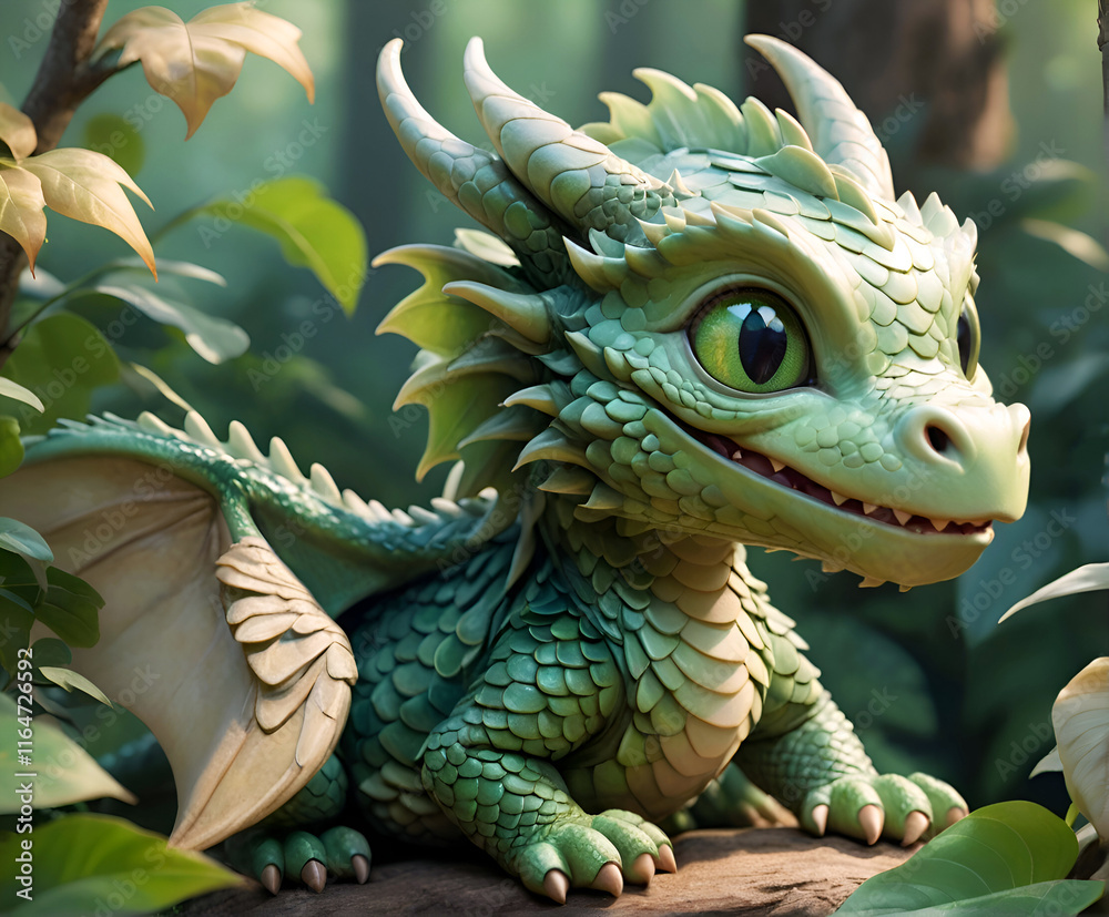 cute adorable dragon baby with wings and horns seating at stone around jungle. AI generated