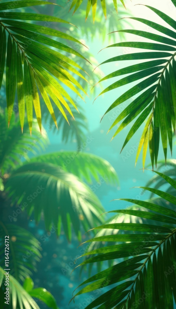 Fototapeta premium Palm fronds swaying gently in a tropical breeze, idyllic, peaceful