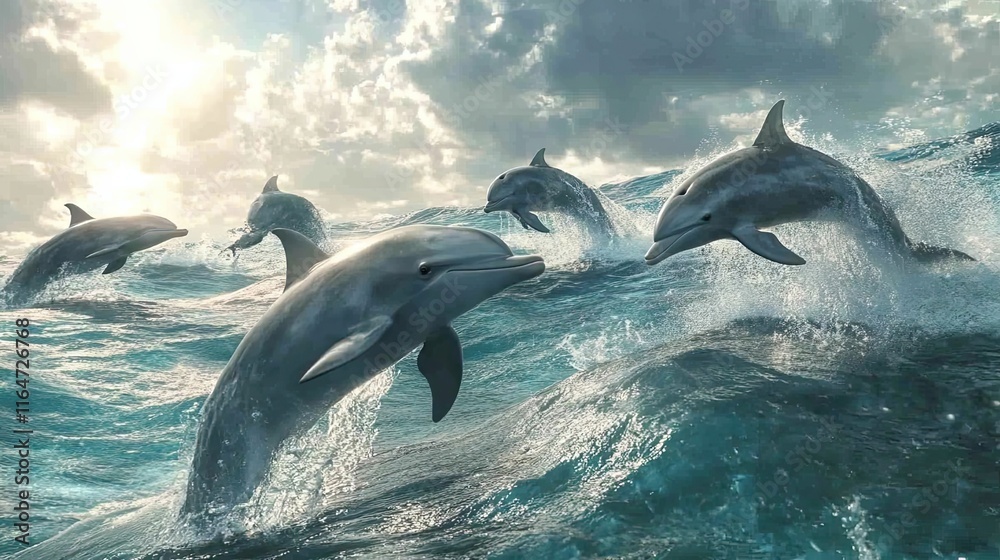 Fototapeta premium Dolphins leaping playfully in ocean waves under a bright sky