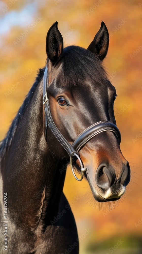 Obraz premium This striking image captures a beautiful black horse with a sleek coat, set against a warm autumn backdrop, showcasing nature's vibrant colors in perfect harmony.