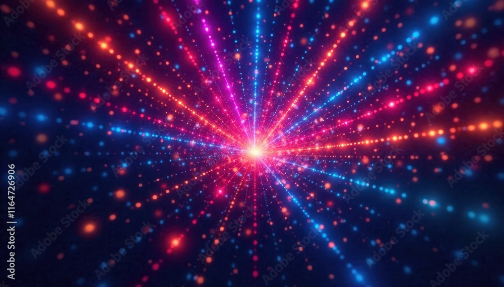 Fototapeta premium Abstract dark background, vibrant multicolored rays emanating from center , shine, radiating