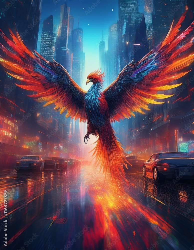 The phoenix flying between buildings in the city The phoenix flying between buildings in the city