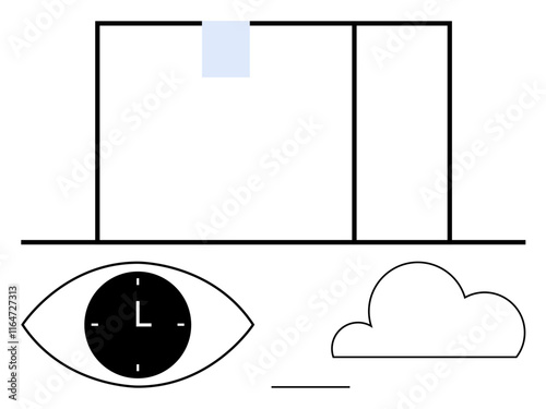 Eye with clock face, geometric window, cloud, and bold minimal strokes. Ideal for time, perception, focus, simplicity, mindfulness creativity and modern abstract line flat metaphor