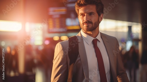 Confident businessman at bustling airport terminal ready for new adventure at sunrise photo