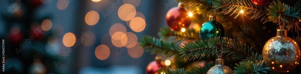 A majestic Christmas tree adorned with shimmering baubles and a bokeh of festive lights , green, bokeh, glitter A majestic Christmas tree adorned with shimmering baubles and a bokeh of festive lights , green, bokeh, glitter