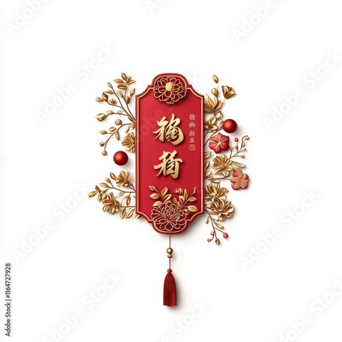 A vibrant red decoration featuring intricate floral designs and elegant lettering, symbolizing cultural significance and celebration.