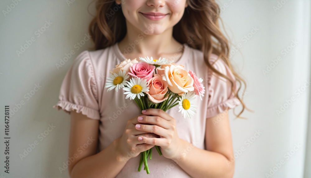 Smiling girl holding bouquet of roses and daisies against white wall Smiling girl holding bouquet of roses and daisies against white wall