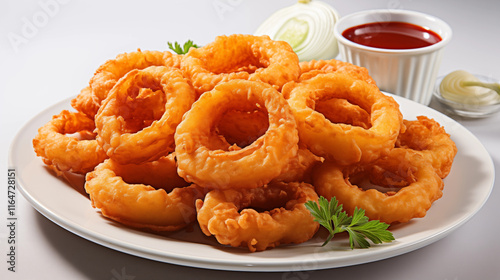 Thick onion rings fried to a golden crisp, served fresh, great for casual dining or comfort food themes, studio view.