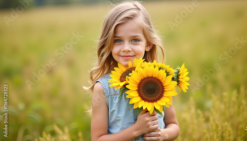 Smiling girl holding sunflowers in a green field photo