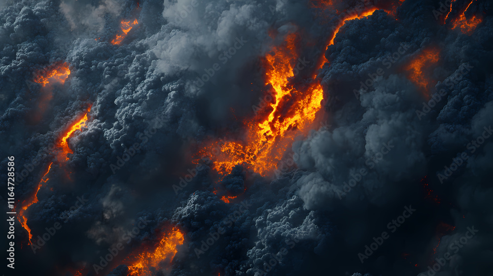 A powerful volcanic eruption with flowing lava and dark clouds, showcasing the raw beauty and intensity of earth's natural forces. Ashfall. Illustration