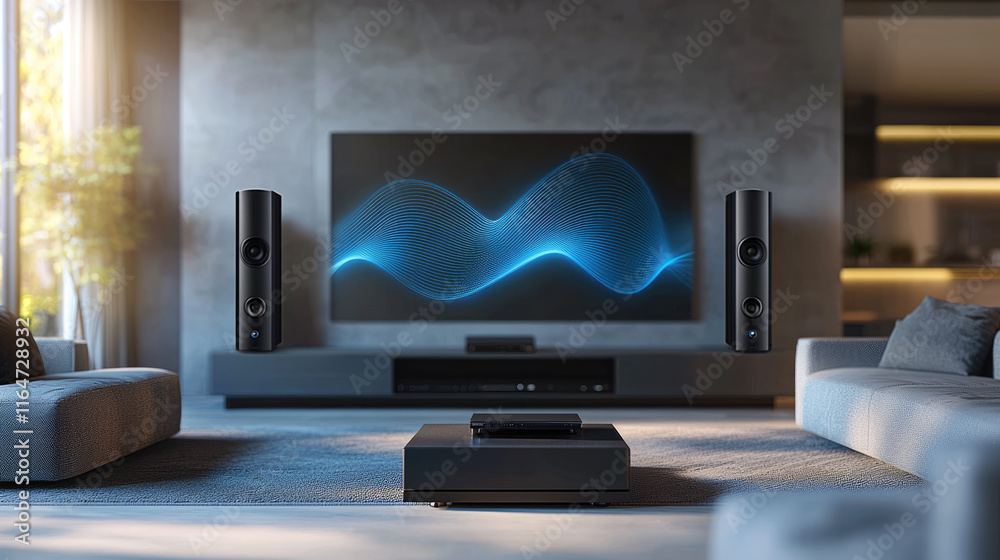 Modern living room with advanced home theater system including large tv and high-quality speakers in a stylish contemporary design
