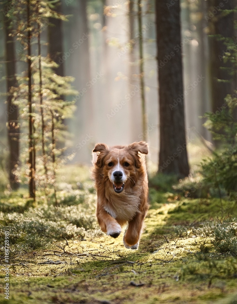 Naklejka premium Dog running in the forest