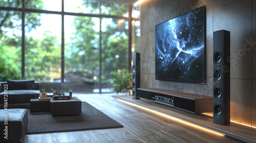 Sleek modern living room with large flat screen tv and surround sound speakers in a bright, sunlit space featuring minimalist design