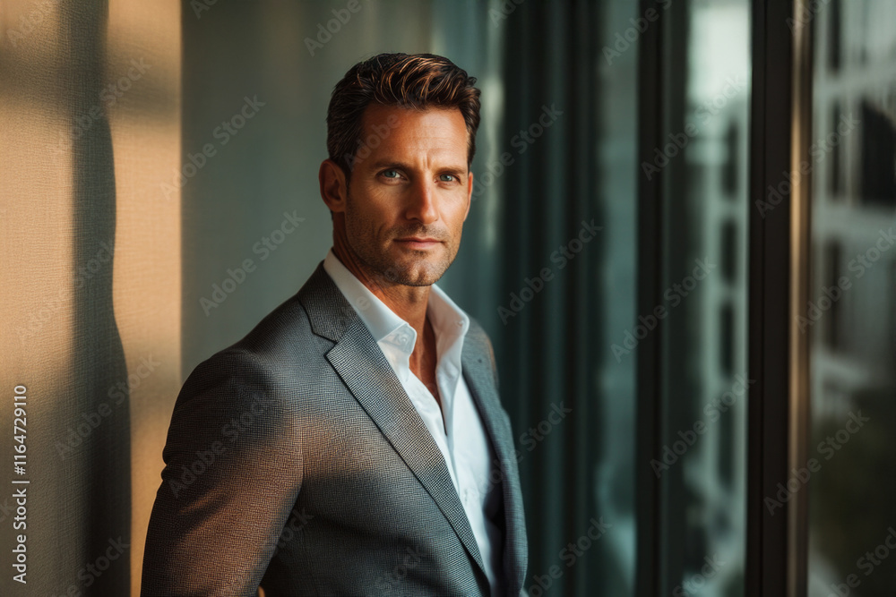 A dynamic and fit man in stylish business attire stands confidently, framed by an impressive modern architecture, symbolizing ambition and style in a corporate environment. A dynamic and fit man in stylish business attire stands confidently, framed by an impressive modern architecture, symbolizing ambition and style in a corporate environment.