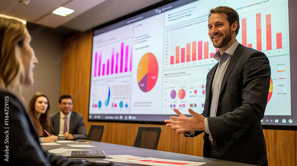 Confident businessman presenting data insights in modern conference room with interactive charts and engaged colleagues