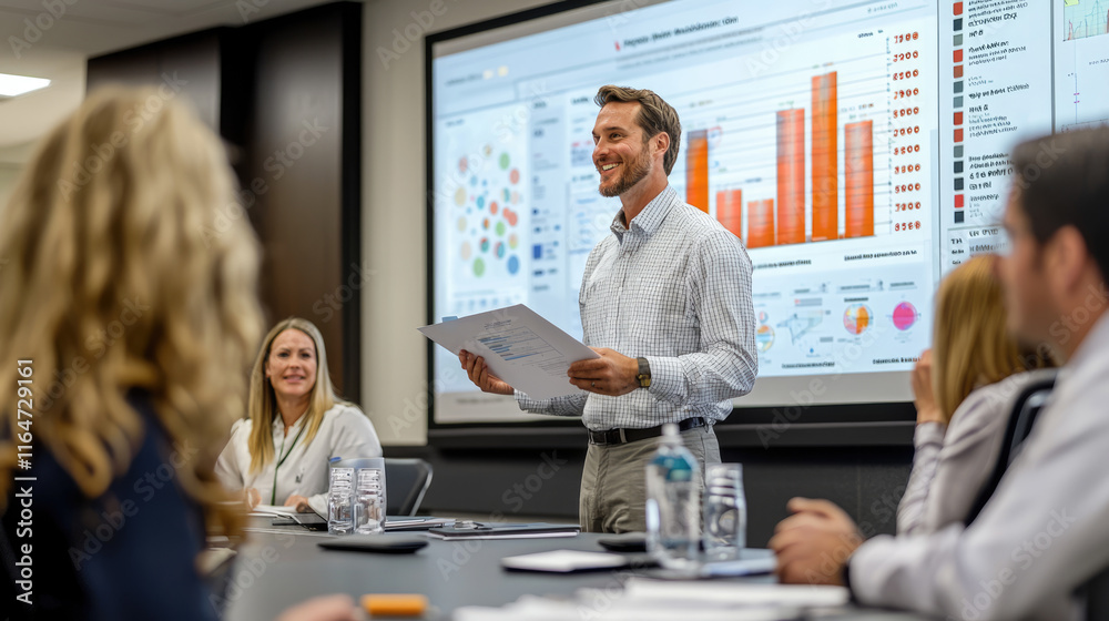 Fototapeta premium Smiling businessman presents digital financial data report to diverse team in modern conference room with large interactive screen