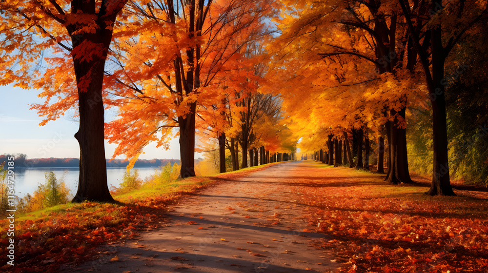 Naklejka premium Inviting Pathway Amidst Vibrant Autumn Colors: Fall Season Landscape
