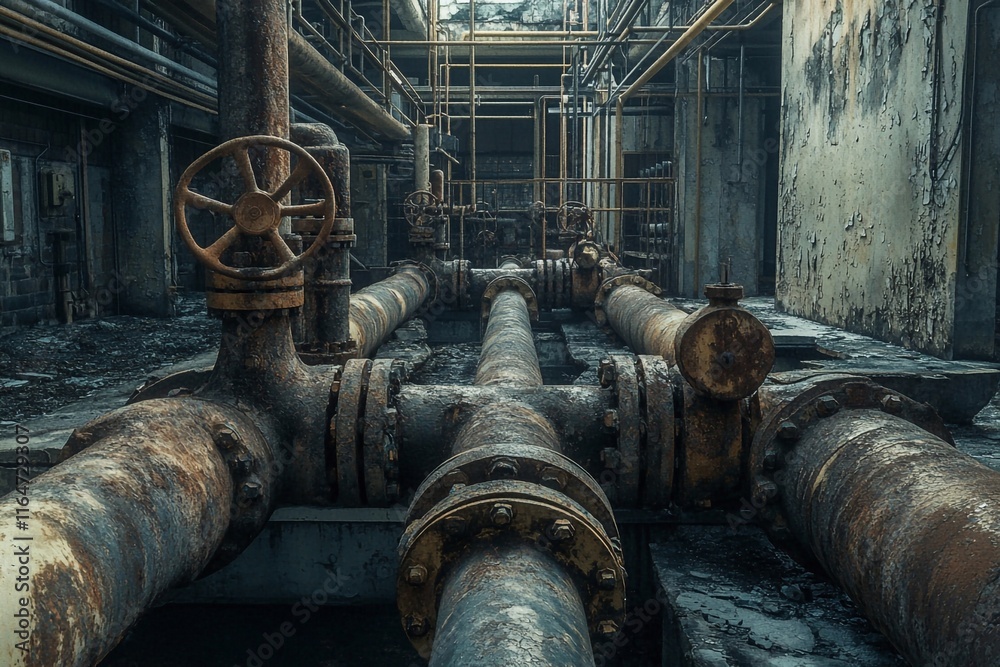 Abandoned factory with rusted pipelines and broken valves Abandoned factory with rusted pipelines and broken valves