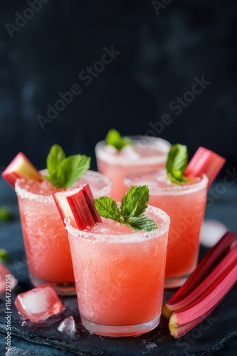 Four glasses of pink drink with green leaves on top