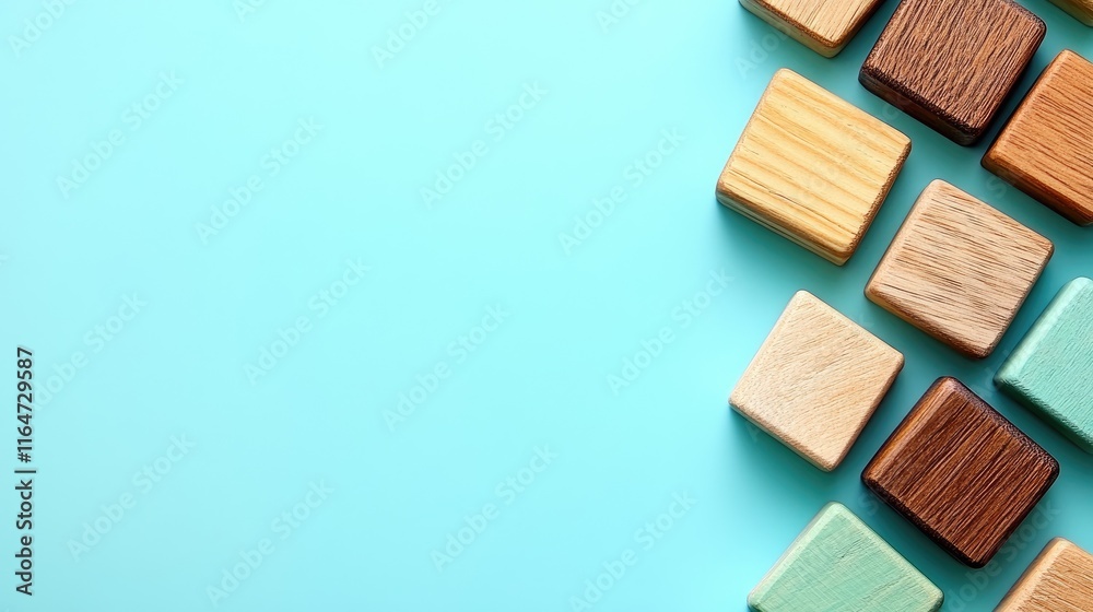 Fototapeta premium A collection of wooden squares on a pastel background, showcasing texture and color variety.