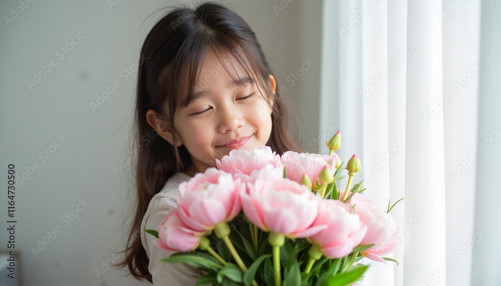 Girl smiling with bouquet of pink flowers against window Girl smiling with bouquet of pink flowers against window