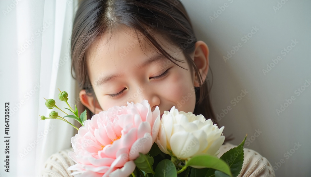 Girl smelling flowers with closed eyes at home Girl smelling flowers with closed eyes at home