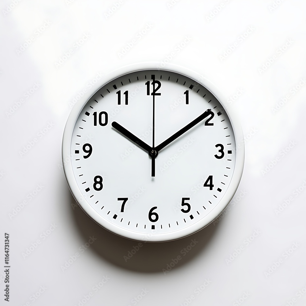 A simple white analog clock shows the time A simple white analog clock shows the time