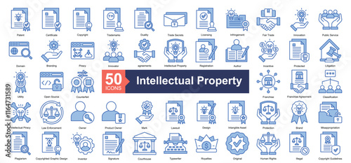 Intellectual Property Icon Collection Set.Containing patent, certificate, copyright, trademarks, duality icon. Simple blue style Vector Illustration.