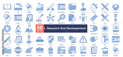 Research and Developement Icon Collection Set.Containing creative, new product, creativity, browser, analysis icon. Simple blue style Vector Illustration.