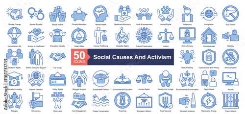 Social Causes and Activism Icon Collection Set.Containing cclimate change, gender equality, racial justice, poverty alleviation, mental health icon. Simple blue style Vector Illustration.