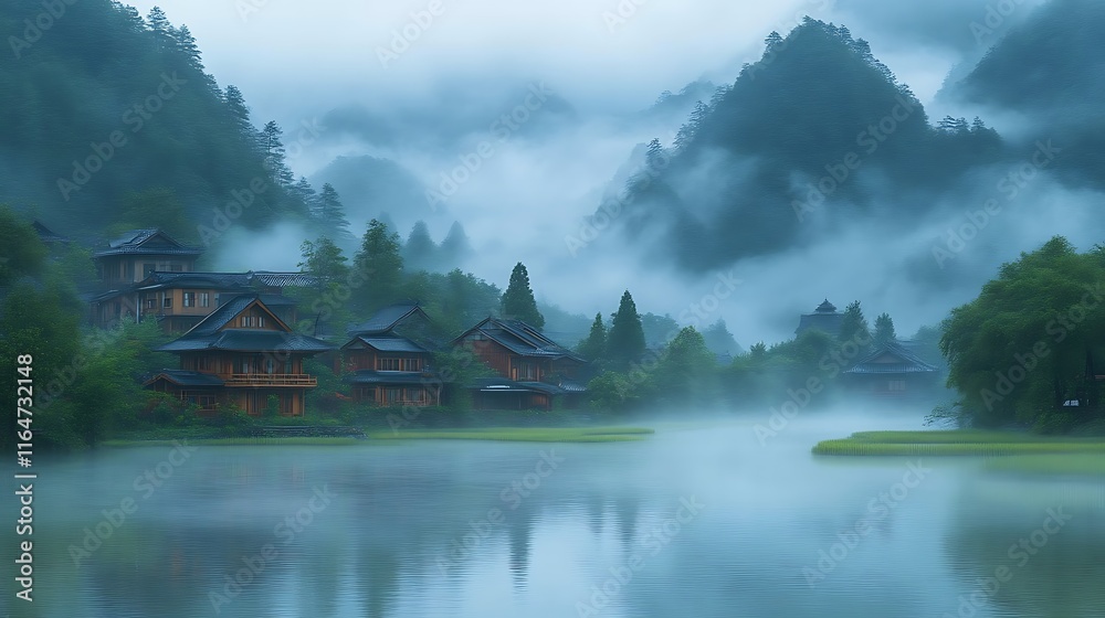 Fototapeta premium Misty Mountain Village Houses Lake Reflections Serenity