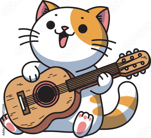 Cute cat play guitar cartoon illustration