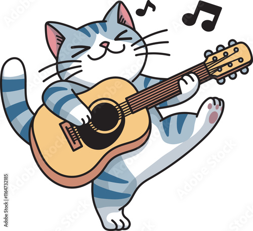 Cute cat play guitar cartoon illustration