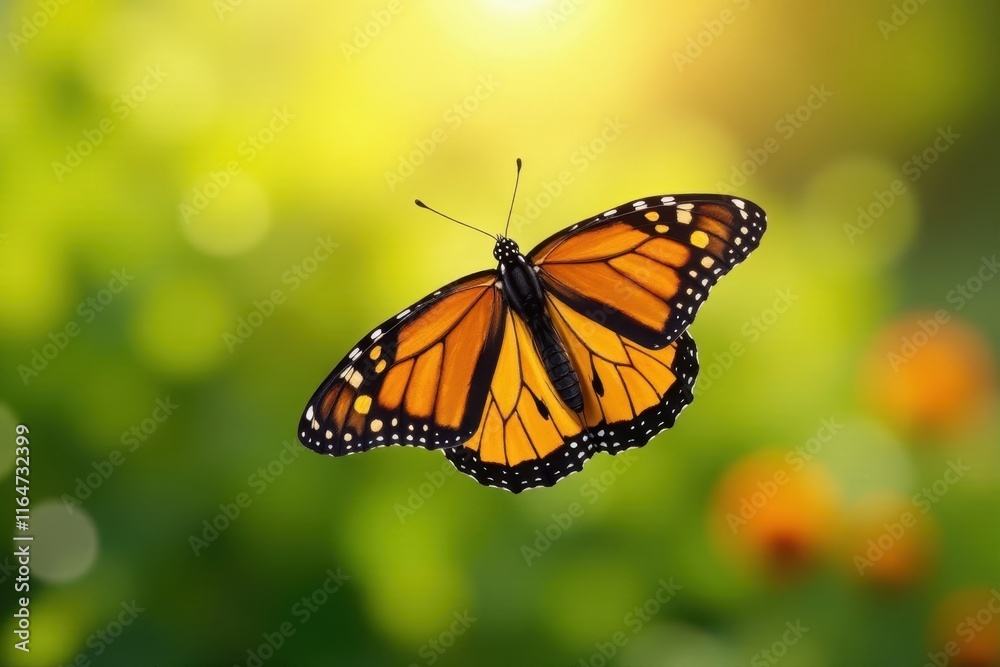 Delicate monarch butterfly soaring through sunny sky with wings spread wide, wings, nature scene, flight Delicate monarch butterfly soaring through sunny sky with wings spread wide, wings, nature scene, flight
