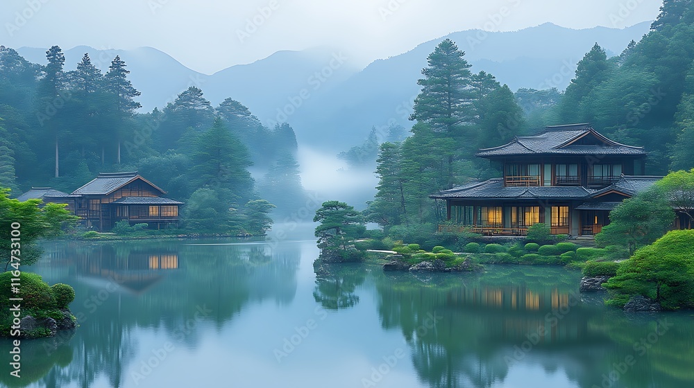 Naklejka premium Serene Japanese Houses Reflecting In Misty Lake Mountains