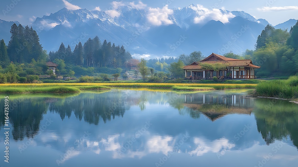 Fototapeta premium Serene Lakeside House with Mountain View