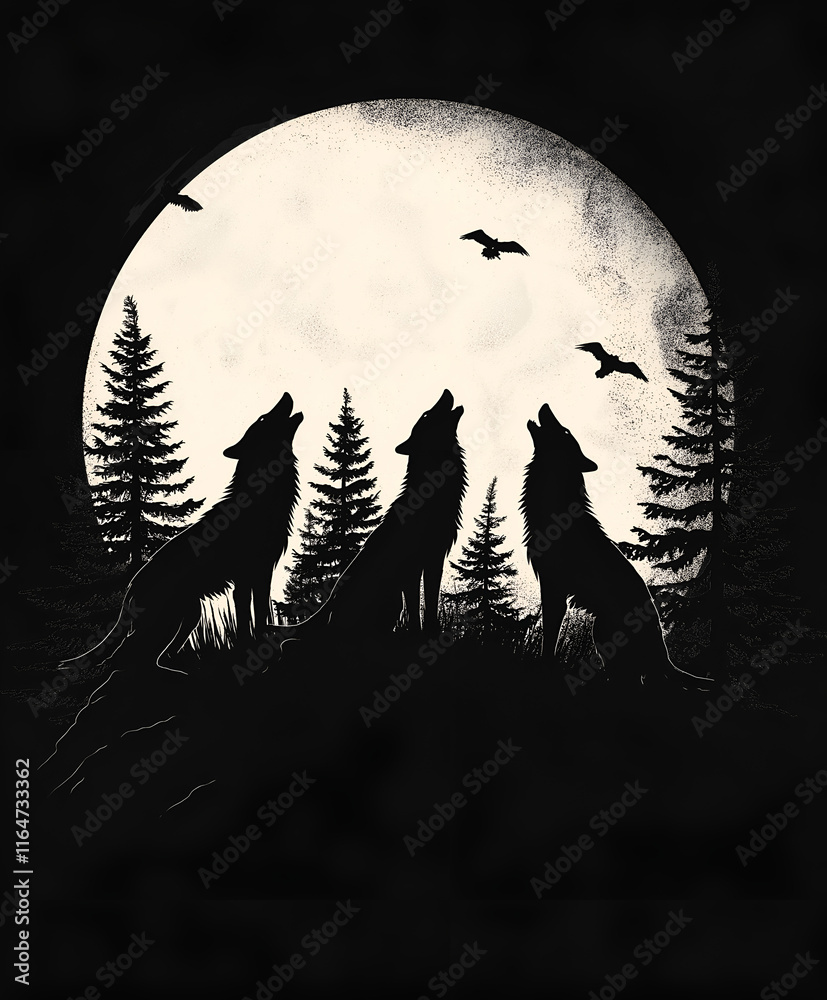 Fototapeta premium Graphic illustration of a silhouette of a wolf pack howling at the moon