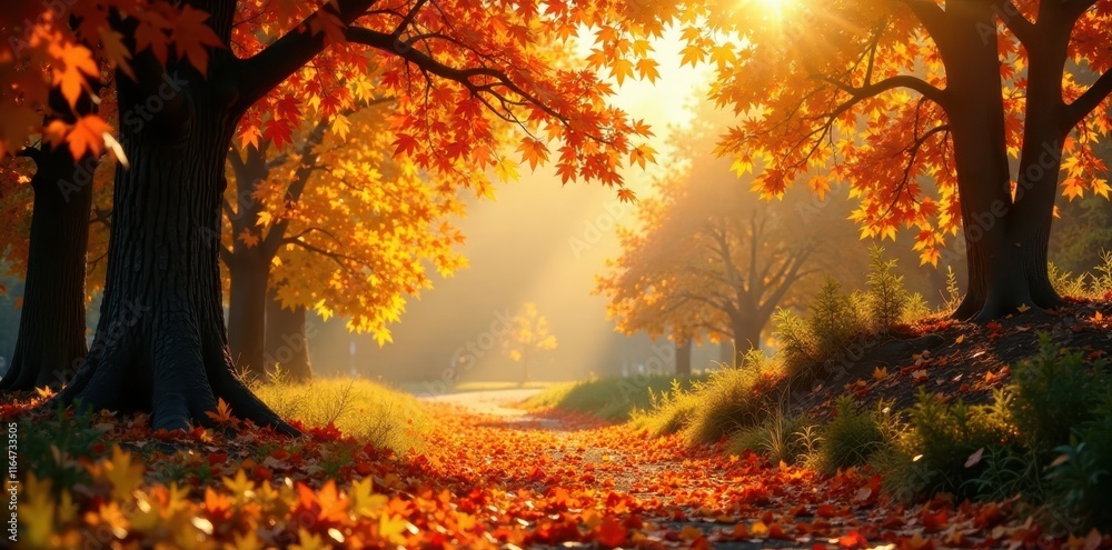 Golden sunlight bathes vibrant autumn leaves on trees , outdoor, warm Golden sunlight bathes vibrant autumn leaves on trees , outdoor, warm
