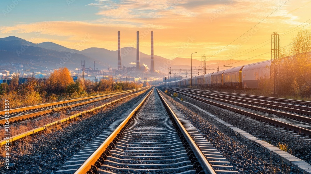 Fototapeta premium Distant Railway View in Bright Afternoon Light