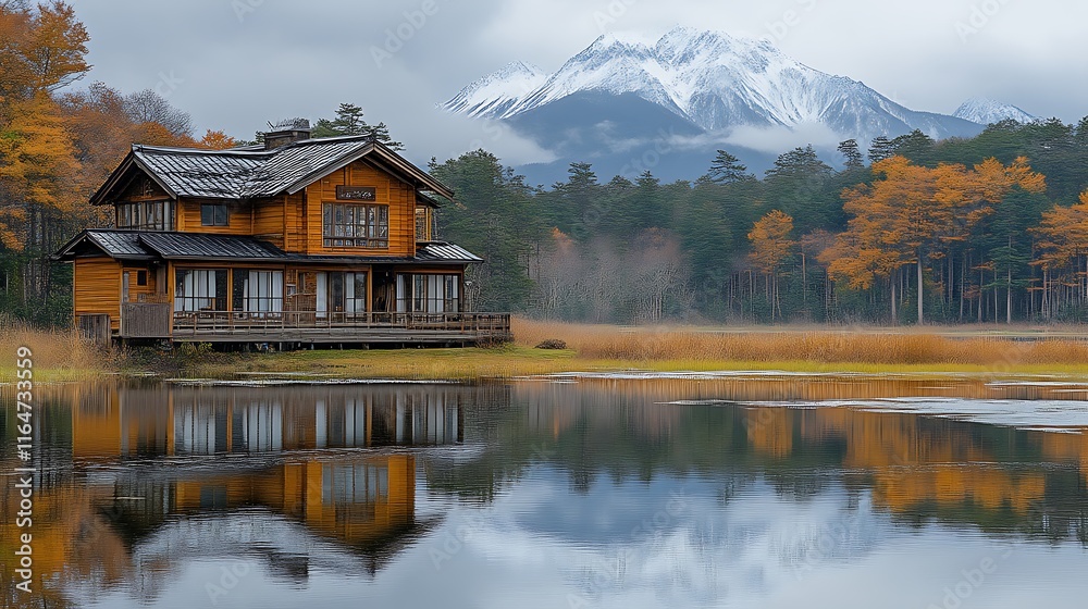 Fototapeta premium Wooden House Reflecting On Calm Autumn Lake With Mountain View