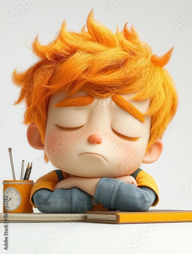 A tired, ginger-haired boy rests his head on folded arms, eyes closed. Perfect for children's books, educational apps, or animations conveying boredom or sleepiness.