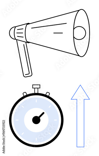 Megaphone for communication stopwatch for time and upward arrow for progress. Ideal for marketing, time management, business growth, urgency, communication strategies, leadership, motivation. Line
