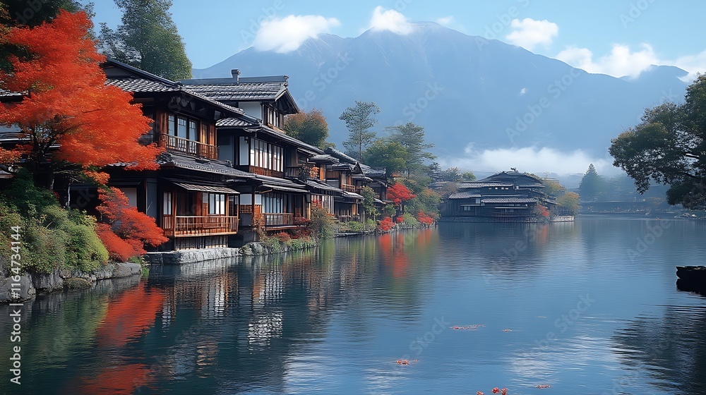 Naklejka premium Autumnal Japanese Village Houses Beside Calm Water And Mountain