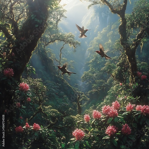 Sunlit Rainforest: Hummingbirds and Rhododendrons in a Serene Landscape photo