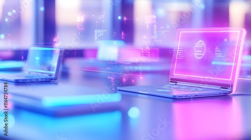 Wallpaper Mural neon laptops & digital data stream - futuristic technology Torontodigital.ca