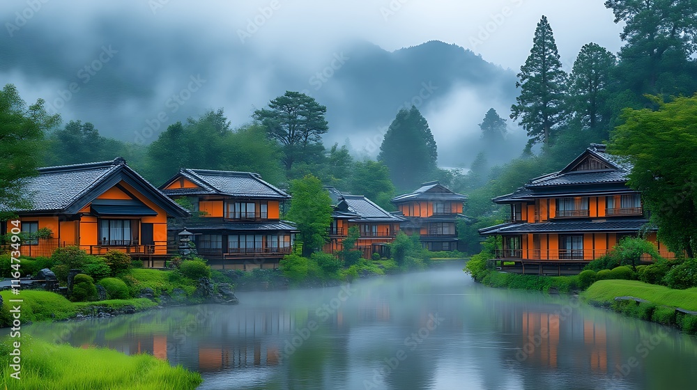 Fototapeta premium Misty Mountain Village Houses Reflecting In Calm Water