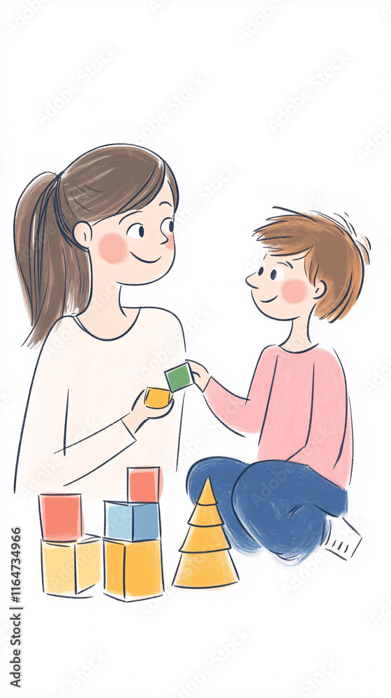 Watercolor Illustration of a Mother and Child Playing with Building Blocks, Emphasizing Family Bonding, Parenting, and Early Childhood Development Watercolor Illustration of a Mother and Child Playing with Building Blocks, Emphasizing Family Bonding, Parenting, and Early Childhood Development