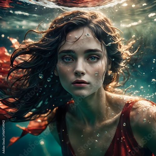 Beautiful woman swimming underwater in a red light dress.