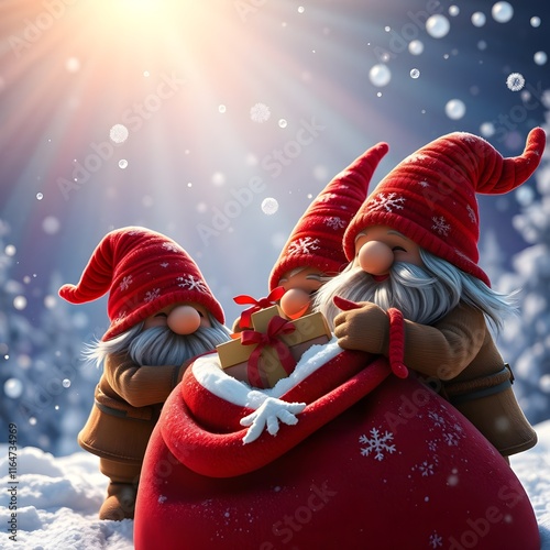 Digital matte painting of three cheerful little gnomes in brown clothes and red hats putting gifts into Santa's big sack. Winter Christmas landscape.